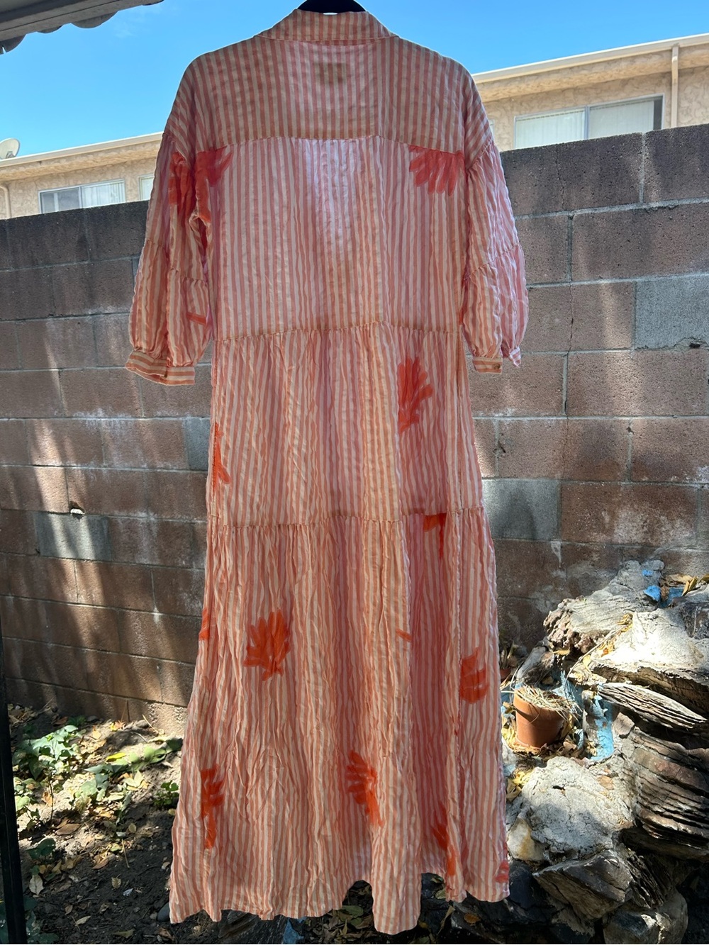 Celandine Anthropologie Dress Peach Striped Floral Flowy Cotton Maxi Sz XS - Picture 2 of 4